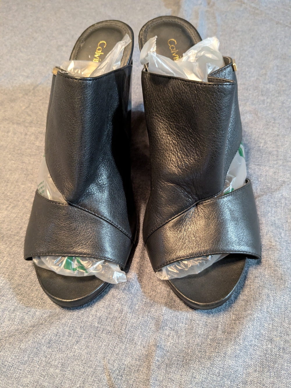 Calvin Klein Black Leather Open-Toe Mule Heels 9.5 (Fit Like 8.5)